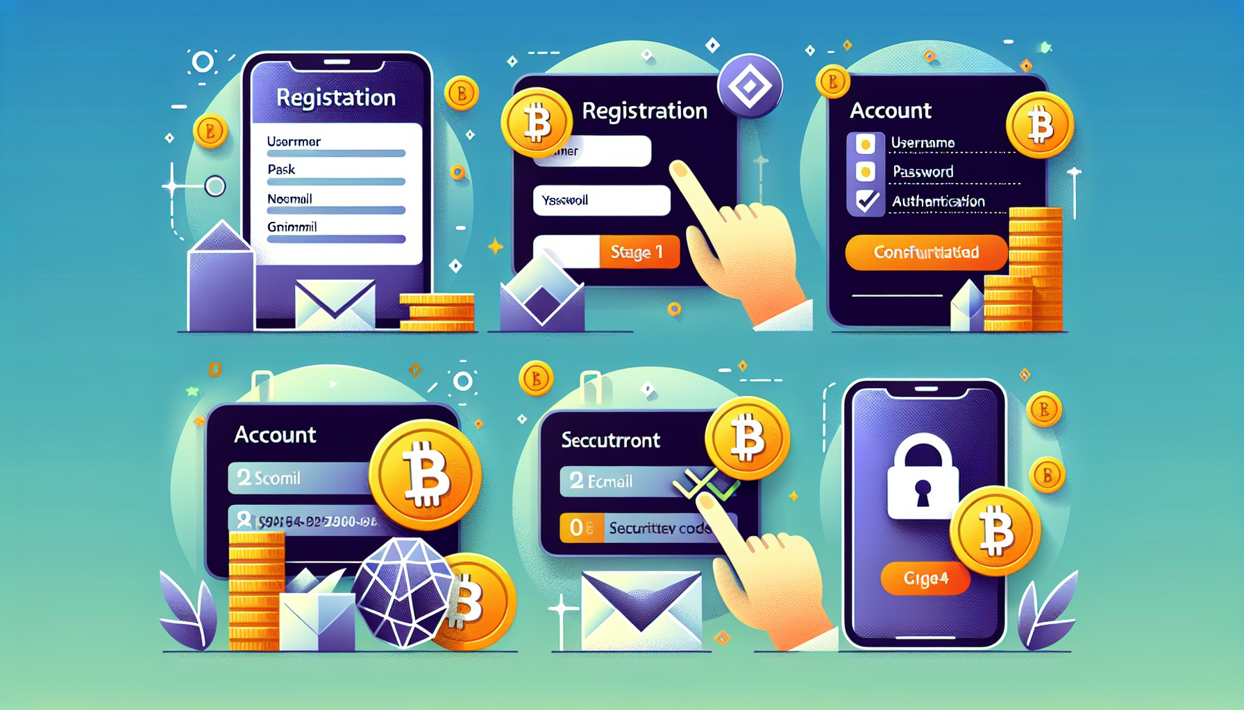 Create an image that depicts a step-by-step guide to creating an account on Phemex. The illustration should include the following stages: the registration process with user details, account verification through email, setting up security features like two-factor authentication (2FA), and configuring and depositing cryptocurrencies into a wallet. Each step should be visually represented with icons or small illustrations to clearly demonstrate the process, and the overall theme should be related to cryptocurrency trading on the Phemex platform.