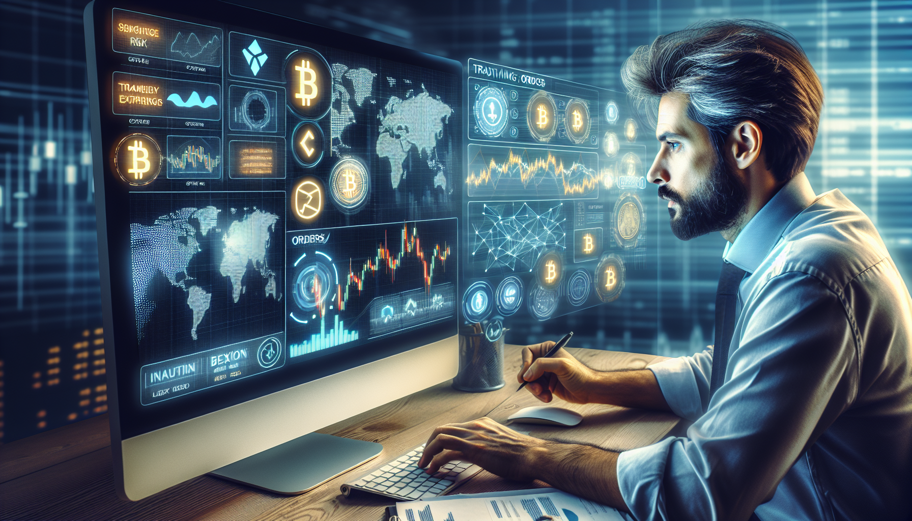 Create an image that showcases a person analyzing cryptocurrency market trends on the Phemex trading platform. The scene should include a detailed trading interface with various charts, order types, and trading pairs prominently displayed on a computer screen. The person, showing concentration or deep thought, should appear to be studying these elements, perhaps making notes or adjusting settings. Include visual elements that suggest risk management, such as warning icons or informational sidebars.

**Keyword: Phemex**