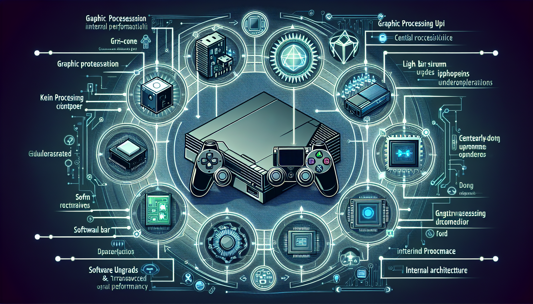 Create an image showing the Sony PlayStation 4 amidst various technological elements. Place the PS4 console prominently in the center, surrounded by visual representations of its key hardware innovations like the GPU, CPU, and internal architecture. Include the DualShock 4 controller in action, highlighting its unique features such as the touchpad and light bar. Incorporate graphical elements to symbolize software updates and performance enhancements, illustrating how they revolutionized gaming. The overall vibe should be sleek and modern, emphasizing technological advancement.