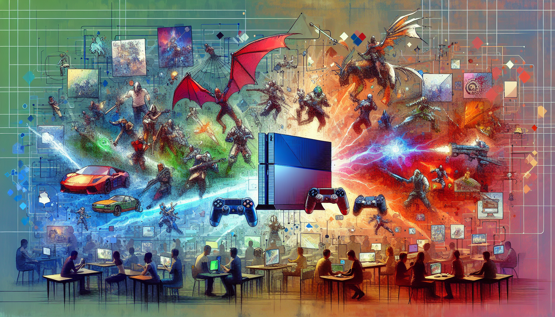 A vibrant montage showcasing iconic games from the Sony PlayStation 4 era, highlighting titles like 