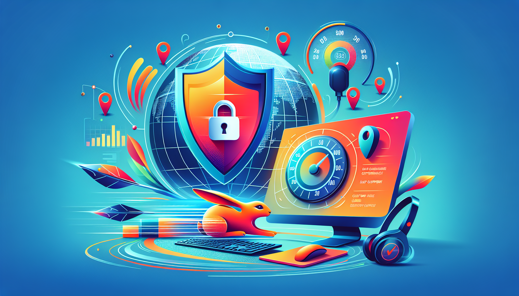 DALL-E prompt: Create an illustration that visually represents the key criteria for choosing the best VPN with Smart DNS features. Include symbols or icons for security and privacy (e.g., a shield or lock), speed and performance (e.g., a fast rabbit or speedometer), global server coverage (e.g., a world map with pins), ease of use (e.g., a friendly user interface on a screen), and customer support (e.g., a headset or customer service agent). The scene should be modern and tech-centric, with vibrant colors to attract tech-savvy viewers.