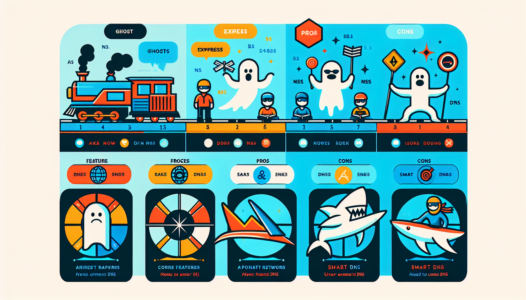 Create an image depicting a comparative visual chart of top VPN providers featuring Smart DNS. The chart should highlight key attributes of NordVPN, ExpressVPN, CyberGhost, and Surfshark, using icons and text to show their core features, pros and cons, and user ratings. The visual should have a clean, professional design with distinct brand colors and logos for each VPN provider, making it easy to compare them at a glance.