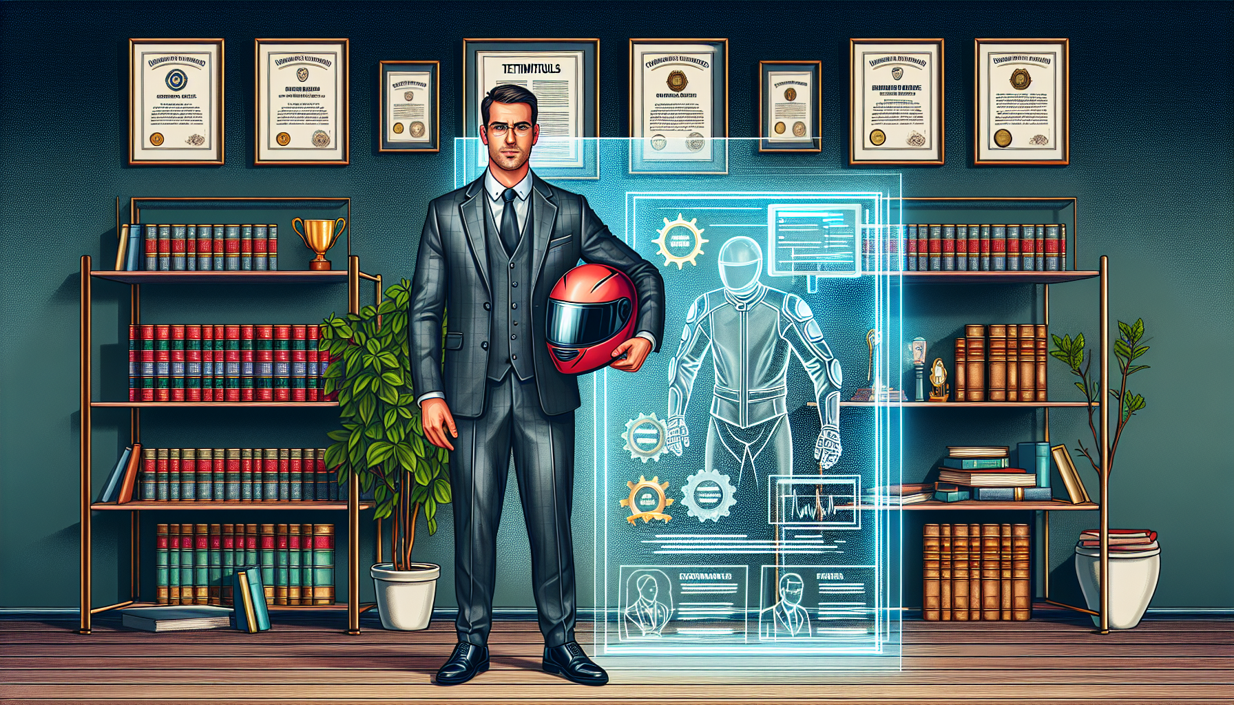 Visualize a decorated office wall displaying framed accolades and certificates with a middle-aged male lawyer dressed in a tailored suit, holding a motorcycle helmet in one hand. The background features shelves filled with thick law books, a digital screen showing glowing testimonials, and a transparent fees chart, conveying his expertise and transparency in handling motorcycle wreck cases.
