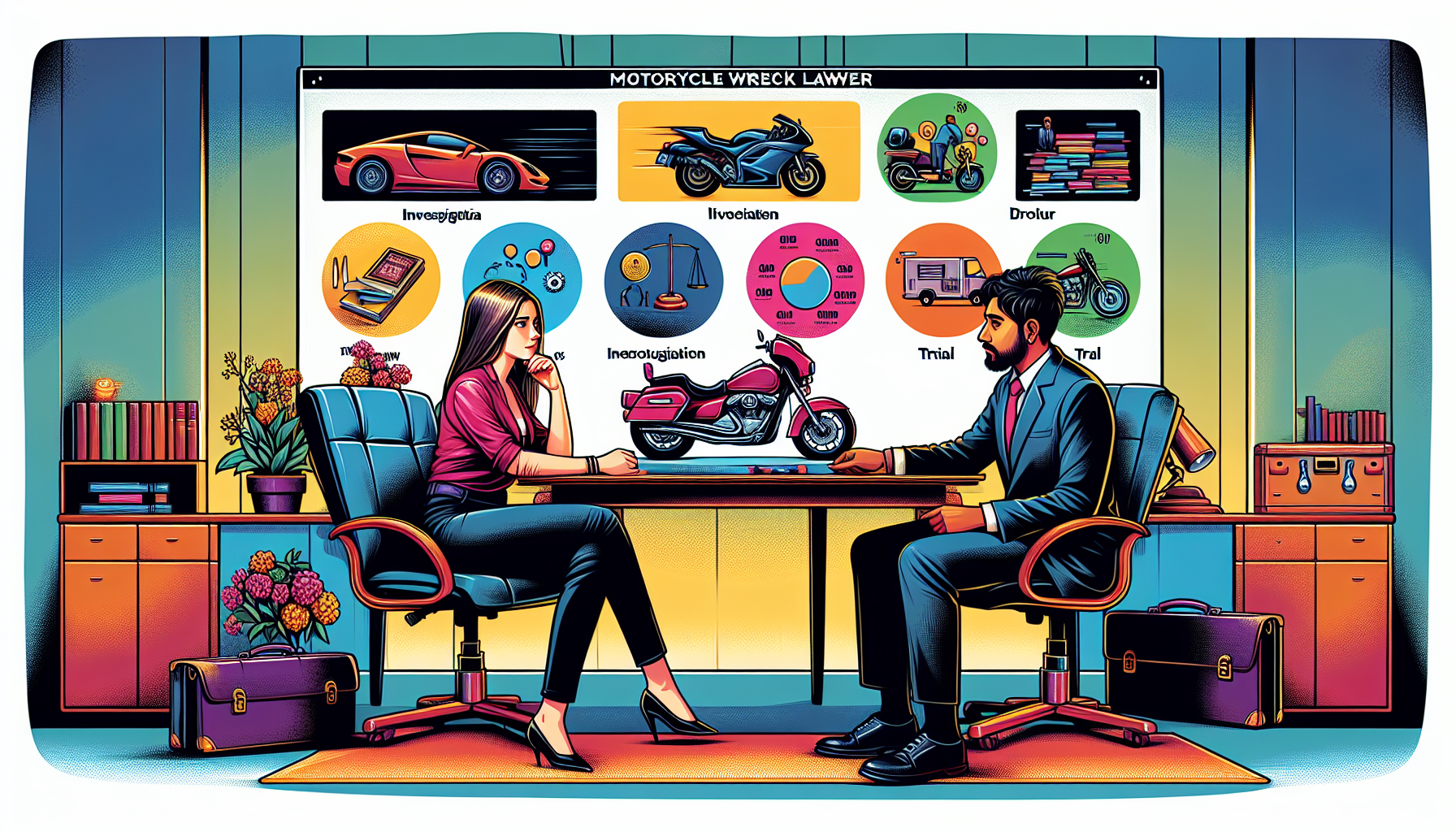 DALL-E prompt: Illustration of a client sitting across from a motorcycle wreck lawyer in a professional office setting, engaging in a thoughtful discussion. The lawyer is explaining a timeline shown on a large chart, with icons symbolizing different stages of a motorcycle accident case, such as investigation, negotiation, and trial. The office is adorned with motorcycle-themed decor, emphasizing the lawyer