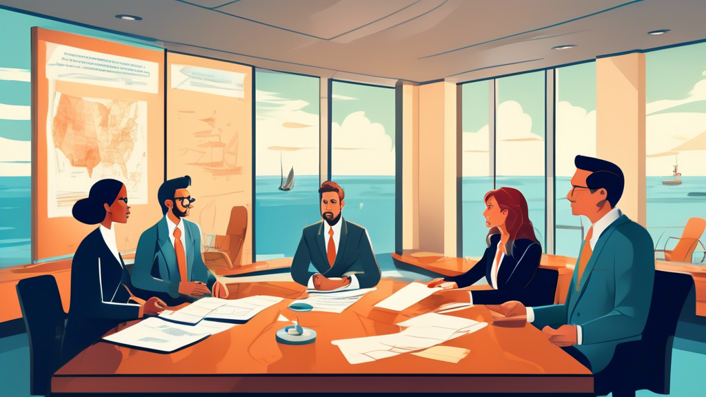 An image illustrating a confident attorney in a professional setting speaking with clients. The scene emphasizes the evaluation process with visual cues like client reviews, success rate charts, and contingency fee documents spread across a polished conference table. The backdrop includes maritime-themed elements, subtly suggesting the attorney
