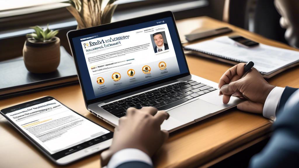Create an image that shows a person using a laptop and smartphone to search for top-rated boat accident attorneys. The laptop screen displays an online legal directory, while the smartphone shows a review page with 5-star ratings and testimonials. The background should include a bulletin board with pinned business cards and leaflets from local law firms and a framed certificate or diploma on the wall to suggest professionalism. This scene should emphasize research and the utilization of various resources to find the best legal help.