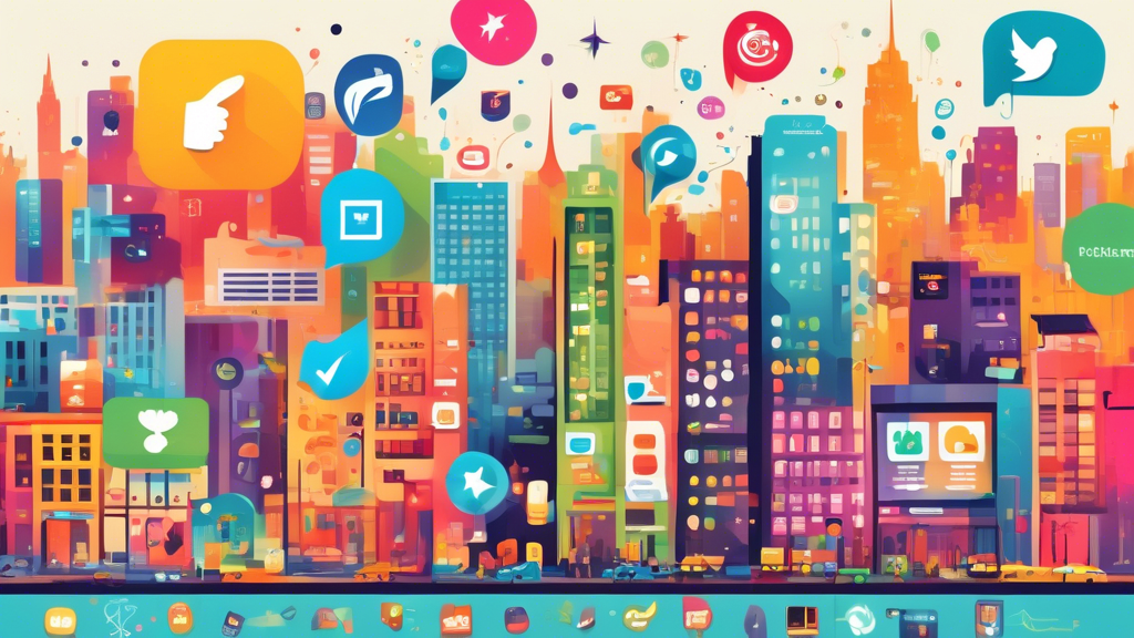 A side-by-side comparison chart featuring colorful, diverse app icons, each connected to speech bubbles containing star ratings, thumbs up/down feedback, and written reviews, all laid over a backdrop of a bustling cityscape representing a variety of businesses.