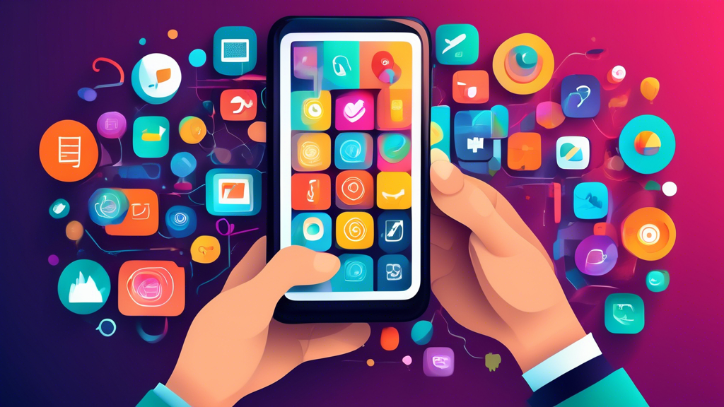 A hand holding a magnifying glass over a smartphone screen with a variety of colorful app icons, each labeled with features like Surveys, In-App Feedback, Ecommerce Integration, etc.  The background should be a data visualization dashboard with charts and graphs representing customer feedback.