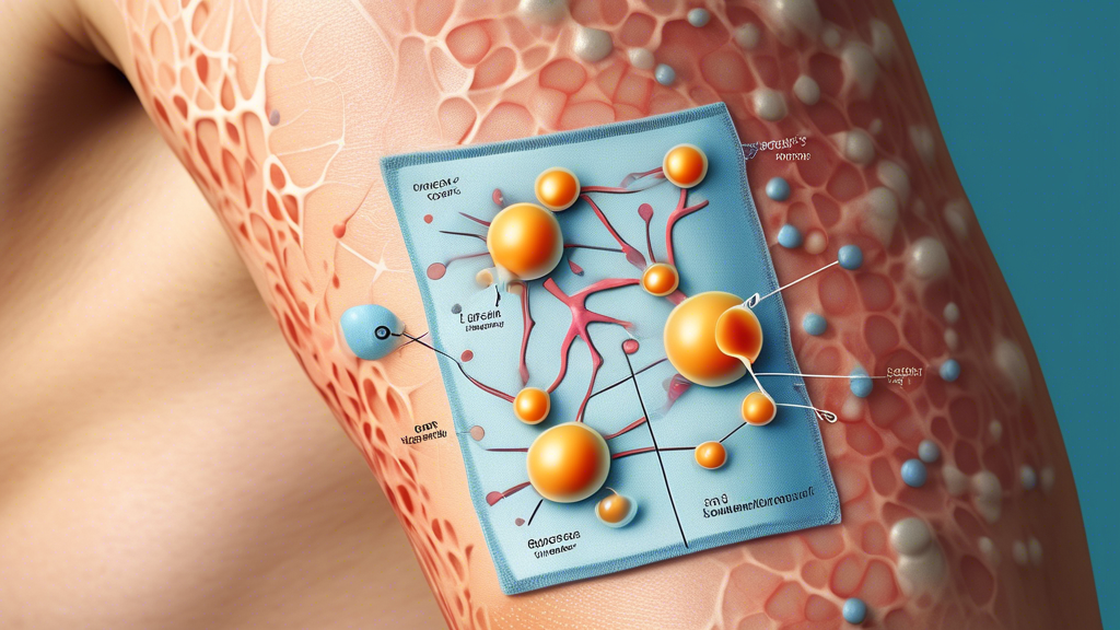 An illustrated close-up of a Cheal hangover patch on a human arm, showing a zoomed-in view of the skin with molecules penetrating the skin barrier, alongside diagrams explaining the active ingredients and transdermal delivery technology.