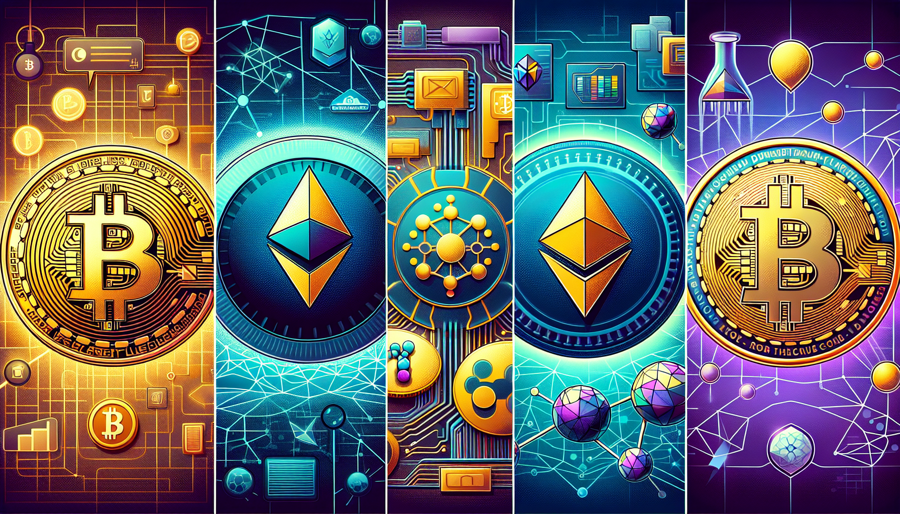 A DALL-E prompt for an image related to outline point #2 could be:

An image collage featuring representations of Bitcoin (BTC), Ethereum (ETH), Solana (SOL), and Cardano (ADA). Show Bitcoin with a golden coin and blockchain background, Ethereum with digital smart contract icons, Solana with a high-speed futuristic network theme, and Cardano with academic and scientific symbols. Each cryptocurrency’s symbol should be clearly visible, and the background should convey a high-tech, innovative financial environment.