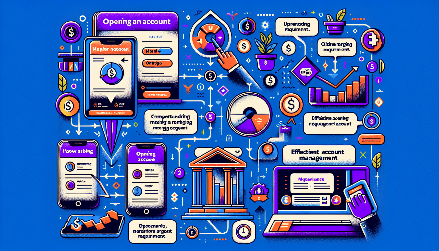 Create a detailed illustration showing the process of opening and managing a TradeStation margin account. The image should depict a series of steps in a user-friendly flowchart style. Include icons or graphics to represent key actions such as signing up, understanding margin requirements, and effective account management. Use a clean and modern design with a focus on clarity and functionality.