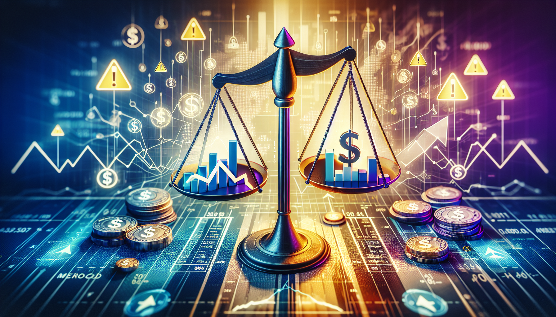 Create an image depicting a TradeStation interface with a graph going upwards, symbolizing potential financial gains, juxtaposed with a caution symbol and text highlighting Risks and Rewards. The background should illustrate a balancing scale to emphasize the need for managing risks and maximizing returns in a TradeStation margin account. Include elements like dollar signs and warning icons to make it visually engaging and informative.