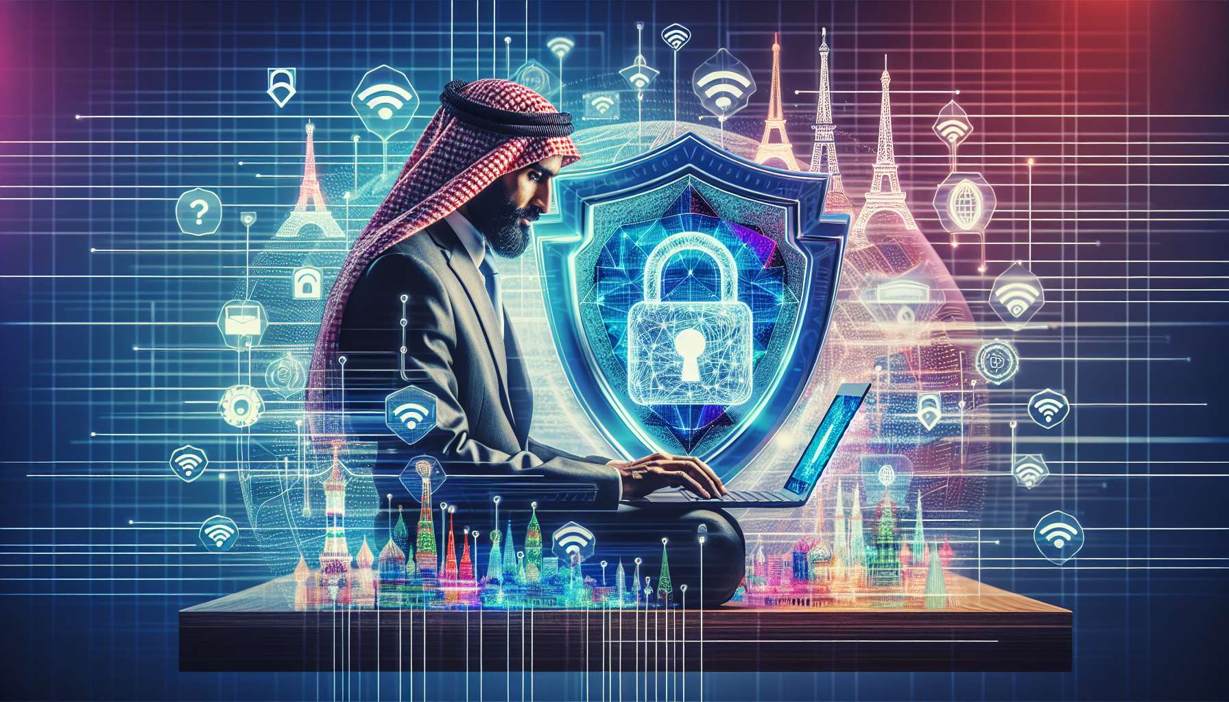 Create an image showing a person using a laptop with a shield icon representing security. The laptop screen displays an encrypted lock symbol, indicating data protection by VPN Express. In the background, show different international landmarks, symbolizing access to global content, and a public WiFi symbol to highlight secure browsing on public networks. Use a modern, digital art style to convey the advanced technology of VPN Express.