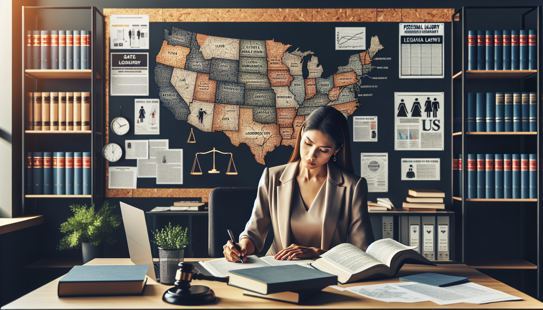 DALL-E prompt: Create an image of a professional and contemplative personal injury lawyer in a modern office, surrounded by legal books and documents, reviewing a large map on the wall that shows different state laws. The lawyer, a middle-aged South Asian woman, is taking notes while checking a laptop displaying client reviews and testimonials. Nearby, a pin board is filled with various charts depicting her success rates in various personal injury cases, focusing on detailed areas of specialization.