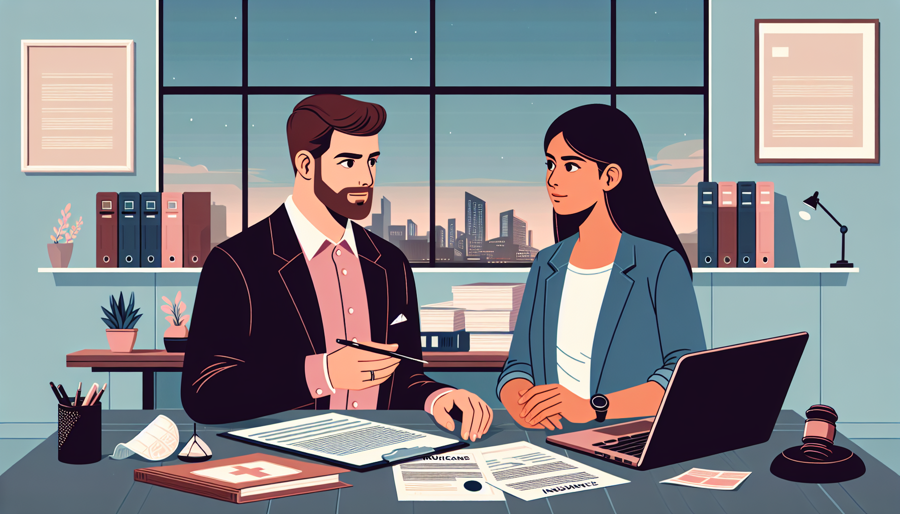 DALL-E prompt: Illustrate an image of a person consulting with a confident, friendly lawyer in a well-organized office, where they are discussing documents and digital displays related to a personal injury case. Include visuals like medical records, an insurance form, and a laptop displaying court documents. The scene is set in a cozy, professional setting, emphasizing the careful guidance of the lawyer. Outside, a serene cityscape suggests they are in a bustling metropolis known for excellent legal expertise.