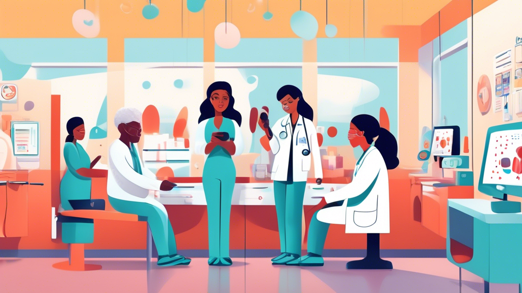 An illustrated step-by-step guide explaining the process of undergoing a DOT physical at an urgent care facility, showcasing a patient going through various examinations like vision, hearing, and blood pressure checks, with a medical professional documenting and certifying the results amidst the busy yet efficient environment of an urgent care center.
