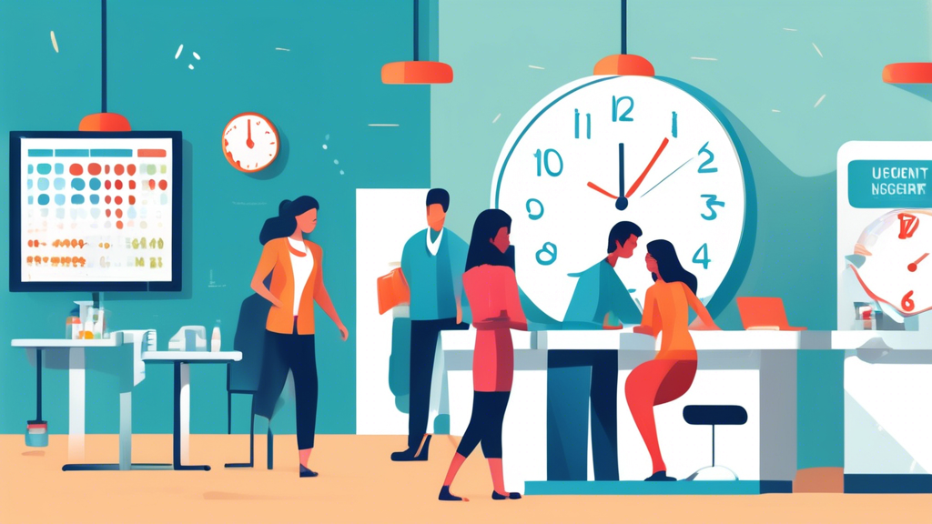 An illustration of a bustling urgent care center with a clock showing extended operating hours, highlighting the benefits of choosing urgent care for a DOT physical, with visual emphasis on a relaxed patient completing easy registration processes and discussing insurance coverage with a friendly receptionist.