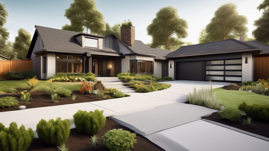 Create an image of a modern suburban home with lush landscaping, showing a seamless trenchless plumbing operation underway. Illustrate minimal disruption to the garden, driveway, and surrounding property. Include visual elements that highlight efficiency and cost-effectiveness such as money symbols or time-saving icons. Emphasize a technologically advanced setup with minimal excavation.