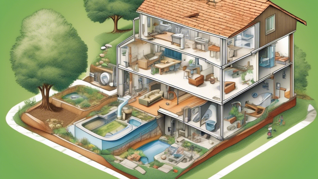 Create an image showing a cross-section of a modern home with a focus on its trenchless plumbing system. Emphasize underground pipes with enhanced durability indicators, eco-friendly symbols like green leaves or Earth icons, and a family happily discussing service options with a professional plumber. Highlight the contrast between the well-maintained yard above and the sophisticated, minimally invasive plumbing technology below ground.