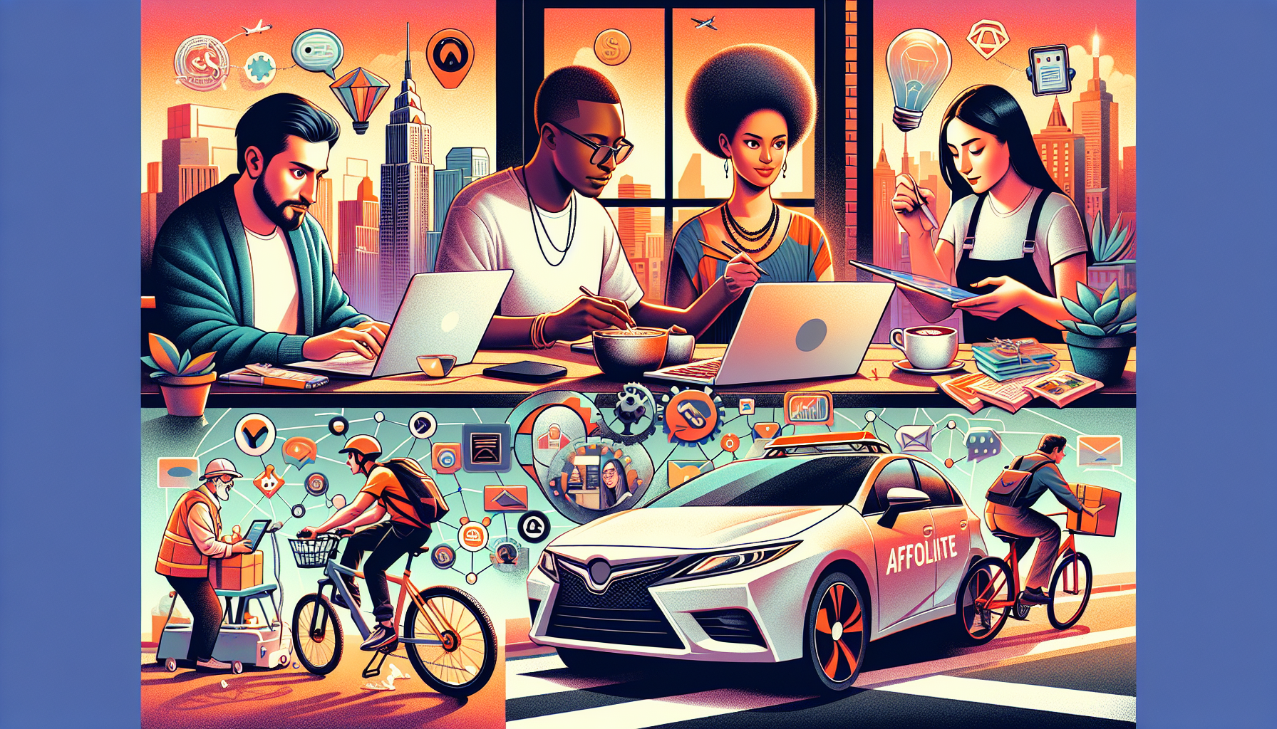 Create an image of a diverse group of people enthusiastically working on various side hustles to boost their earnings. Include scenes of a freelance writer typing on a laptop in a cozy café, a graphic designer creating art on a high-tech tablet, a rideshare driver navigating city streets in a modern car, a delivery person on a bicycle delivering packages, and an individual managing an e-commerce store on their computer. Integrate subtle icons or visual elements representing affiliate marketing and blogging in the background to emphasize innovative online ventures. Make sure the environment and characters appear energetic and motivated, showcasing the dynamic nature of these side hustles.