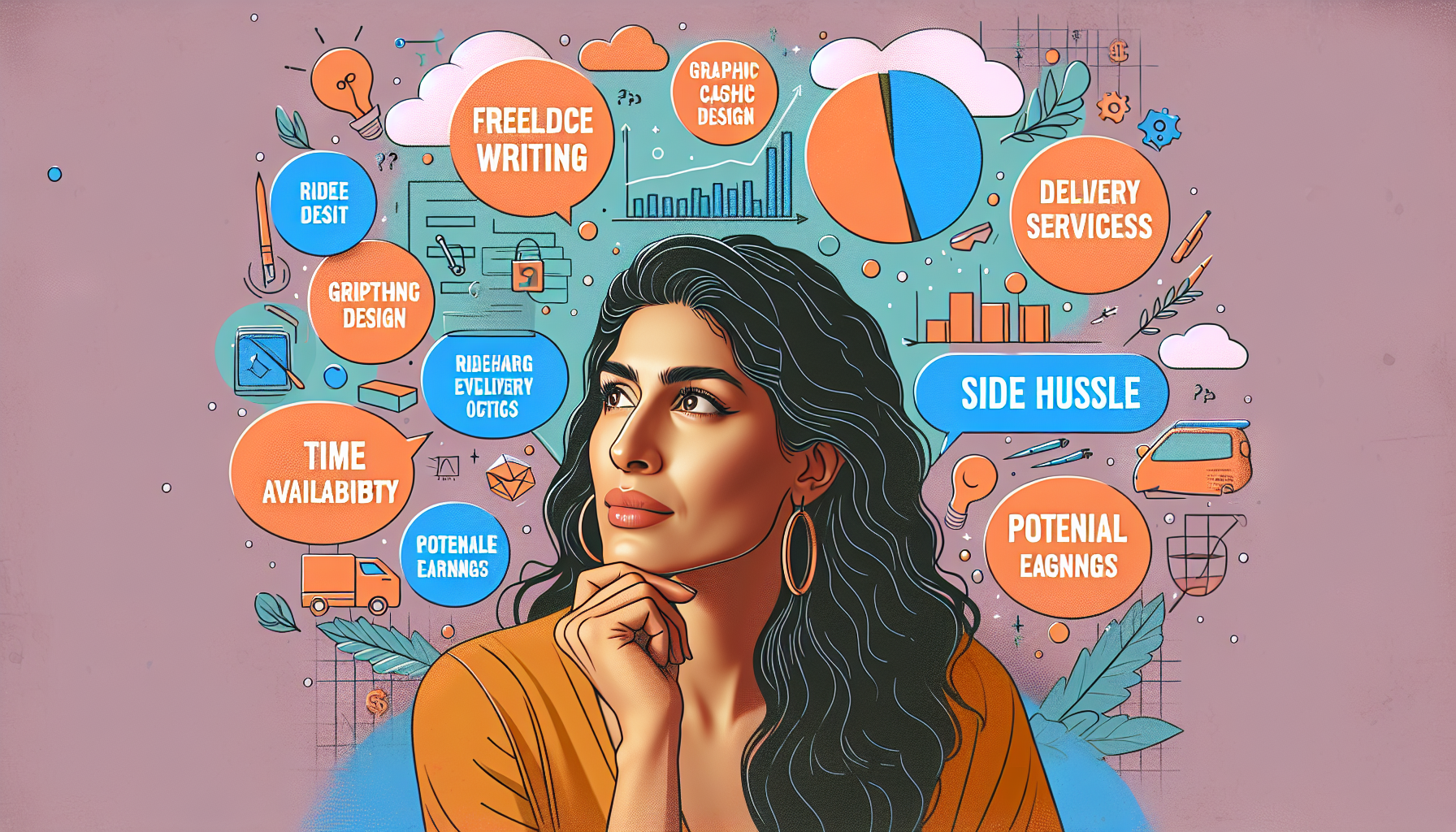 Create an image that visually represents the process of choosing the right side hustle. Show a person thoughtfully considering various side hustle options such as freelance writing, graphic design, ridesharing, delivery services, e-commerce, and blogging. The person should appear to be balancing these options while taking their skills, interests, time commitment, and potential income into account. Use elements like charts, lists, and thought bubbles to convey the decision-making process in a creative and engaging manner. The overall vibe should be motivational and reflective, highlighting the concept of selecting a suitable and rewarding side hustle.