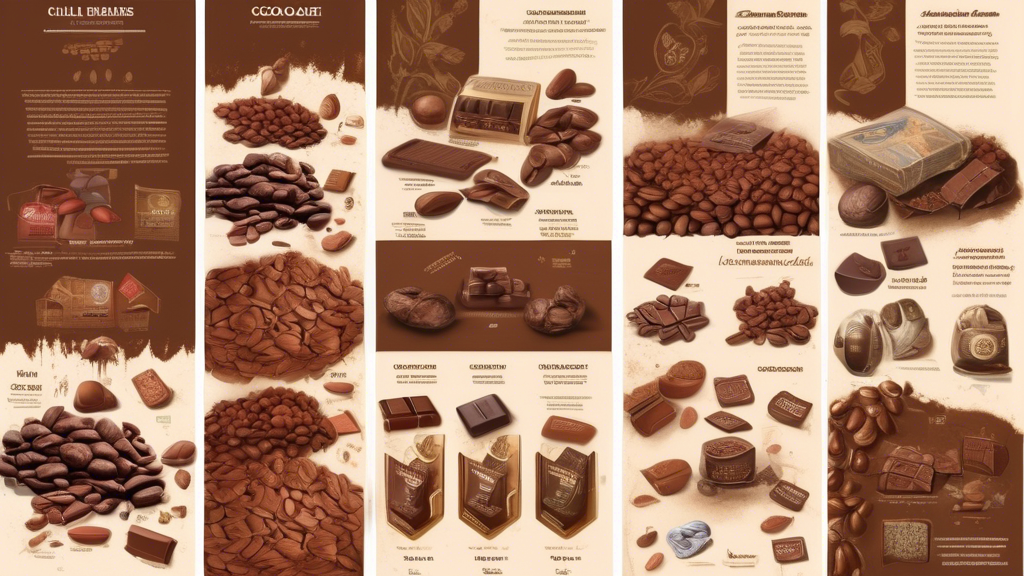 DALL-E prompt: A visually rich image of various cocoa beans labeled with their countries of origin in a rustic setting, next to a series of small panels illustrating the different stages of chocolate manufacturing such as conching and tempering machines in action. Include artisans carefully adding natural additives like vanilla or chili into the chocolate mix, emphasizing the intricate process that enhances the chocolate flavor.