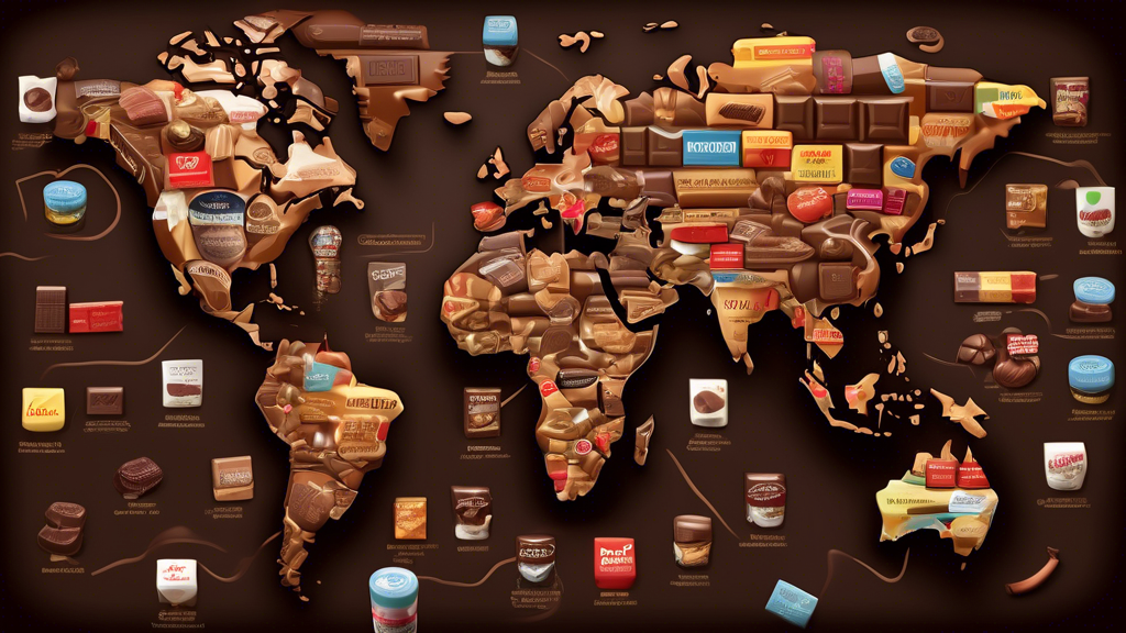 An illustrated map showcasing the top global chocolate brands and the most reputable stores for purchasing the best chocolate, with icons marking online retailers and famous physical stores, all surrounded by images of high-quality chocolate bars and their unique packaging.