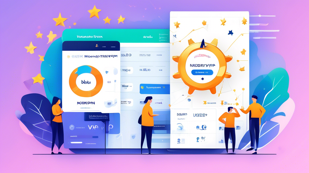 Create a detailed illustration depicting a comparison chart between NordVPN and other popular VPN services. Highlight key metrics such as security features, speed, customer reviews, and pricing plans. Ensure NordVPN stands out with gold stars for top performance in each category and include visual elements like user testimonials and price tags to emphasize the value for money.