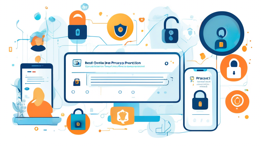 Create an illustration showcasing the key features to look for in the best online privacy protection services. Include icons or symbols representing comprehensive encryption and data security (like padlocks or shield symbols), a user-friendly interface and accessibility (like touchscreens or a user interaction with a simple dashboard), multi-platform compatibility (like different device icons such as smartphones, tablets, and laptops), and customer support and reliability (with icons like chat bubbles or 24/7 support symbols). The overall aesthetic should be modern and clean to emphasize ease of use and advanced technology.
