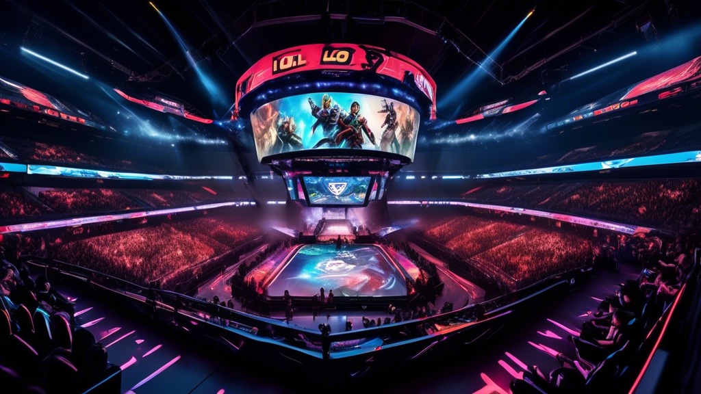 Create an image showcasing the significant impact of LoL esports on the gaming industry. The scene should feature a grand esports stadium packed with excited spectators, illuminated by colorful lights and massive digital screens displaying live LoL gameplay. Surrounding the stadium, incorporate elements that highlight major sponsorships and partnerships, such as banners and advertisements for well-known brands. Additionally, depict signs of the broader influence on the gaming industry by incorporating other esports games iconography subtly in the background. The overall vibe should be electrifying, capturing the intense energy and cultural significance of LoL esports.