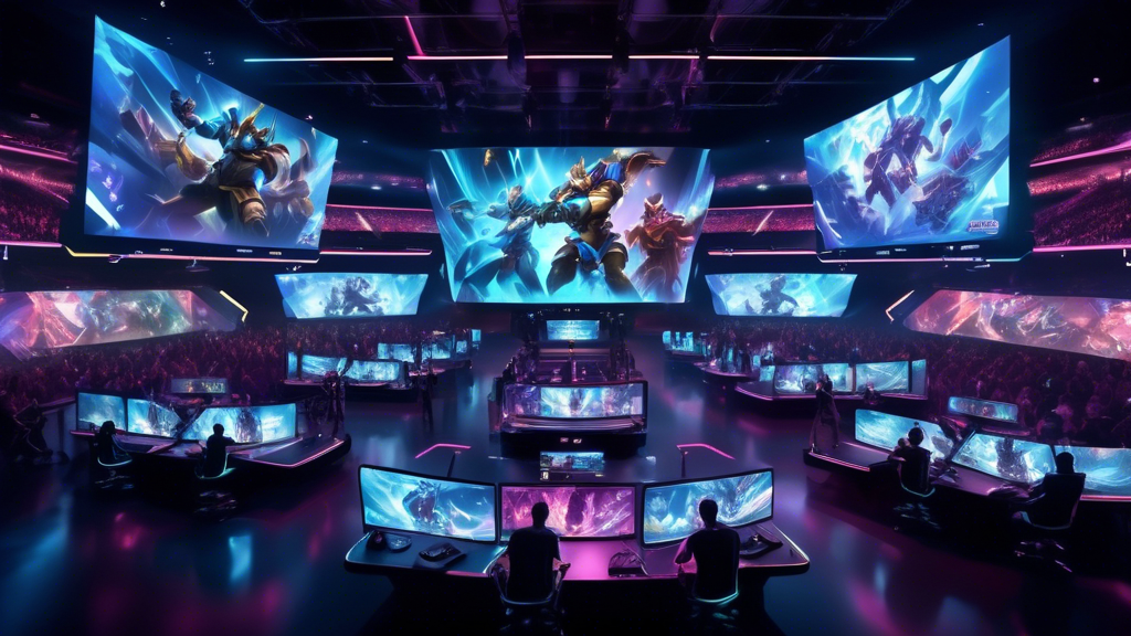Create an image of a futuristic esports arena filled with an enthusiastic crowd watching a League of Legends match on massive, holographic screens. The arena should showcase advanced technology, including augmented reality displays and drones capturing live footage. In the foreground, highlight professional LoL players in high-tech gaming stations. Include subtle elements indicating challenges, such as banners with messages about player welfare and combating cheating, and a futuristic security team ensuring fair play.