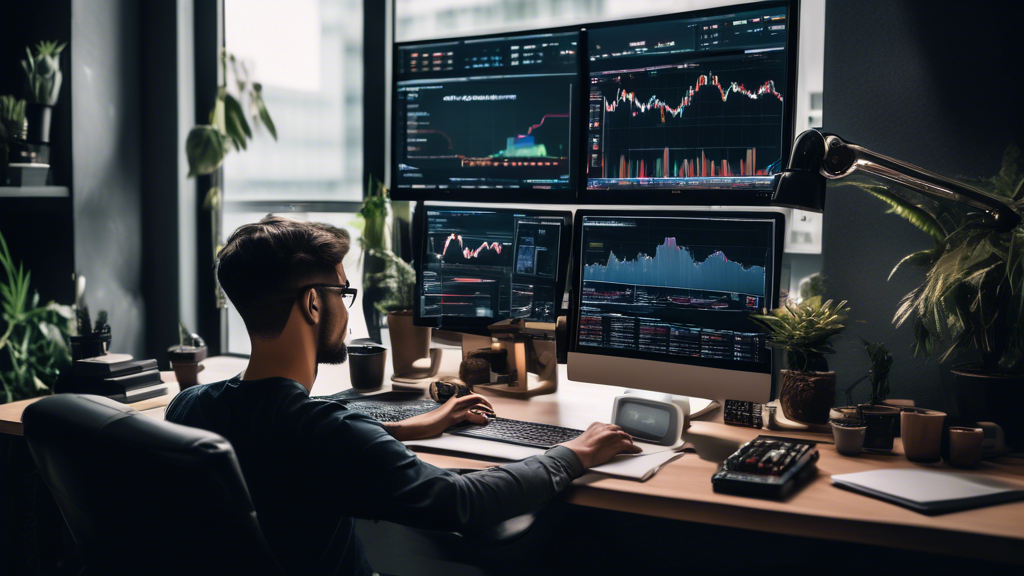 /Imagine prompt: A person sitting at a modern desk with multiple computer screens displaying various cryptocurrency charts and trading platforms like Binance, Coinbase, and Kraken. The background shows a sophisticated home office setup. The individual is intently reading a guidebook titled 