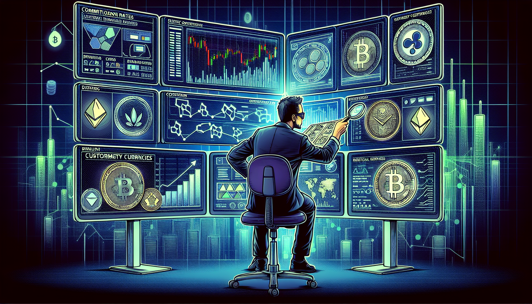 A detailed illustration of a user carefully selecting the best crypto trading platform tailored to their needs. The image should depict various elements such as commission fees, supported cryptocurrencies, and customer support as key criteria. The background can feature multiple screens showing different trading platforms, with a spotlight on the user thoughtfully comparing them. Include visual representations of conducting research, reading reviews, and testing demo versions before making real investments. The setting should exude a sense of thorough examination and informed decision-making in the world of cryptocurrency trading.