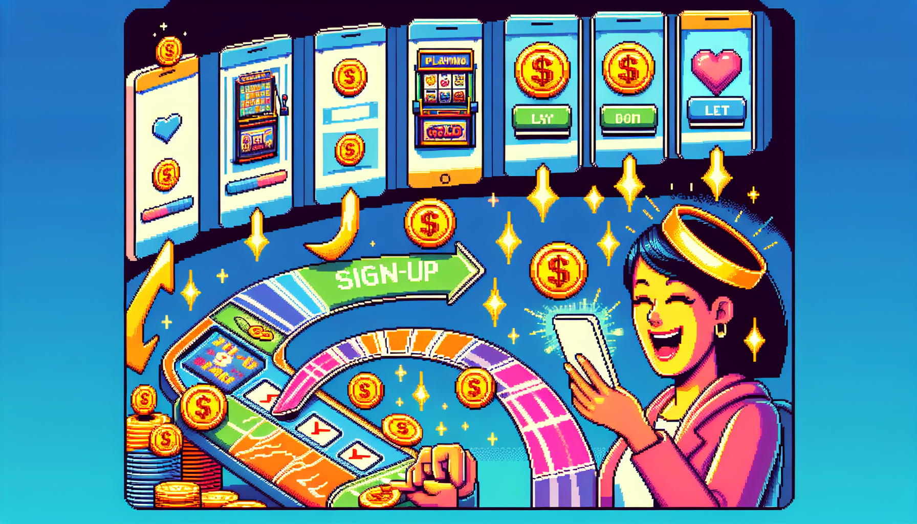 Create a vibrant, eye-catching image illustrating a step-by-step guide to starting and winning at Chumba Casino. The image should include playful, casino-themed elements like slot machines, virtual coins (Gold Coins and Sweeps Coins), and user interface elements like registration forms and buttons. Highlight a cheerful player following the steps on their phone or computer, experiencing the excitement and thrill of playing and winning. Use bold and fun graphics to capture the essence of Chumba Casino.