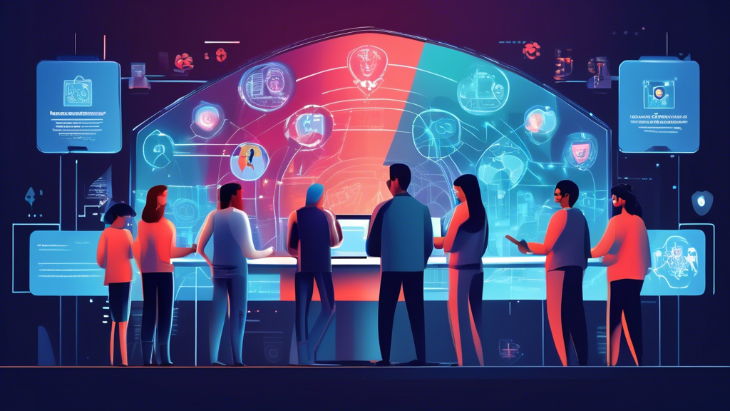 Create an image depicting a diverse group of people, both individuals and professionals, gathered around a digital display screen that showcases animated cybersecurity concepts. The screen features visual representations of cyber threats and safeguards, illustrating how hacksplaining bridges the knowledge gap in cybersecurity. Surrounding the scene are symbols of cybersecurity benefits, such as shield icons and secure locks, alongside captioned success stories of real-world hacksplaining implementations.