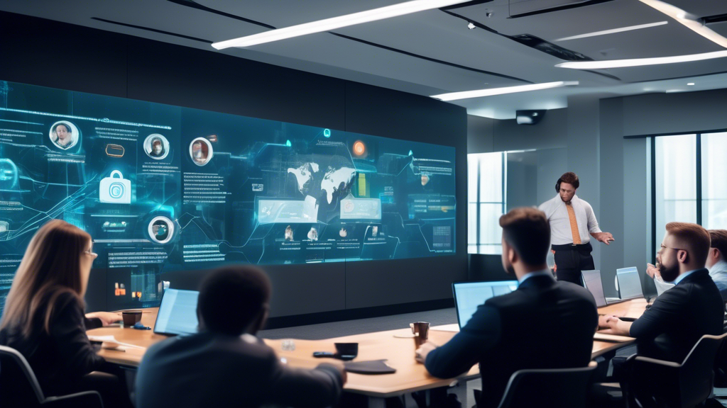 Create an image showcasing a corporate training session focused on cybersecurity awareness. The setting is a modern conference room with a diverse group of employees attentively listening to a presenter who is demonstrating 