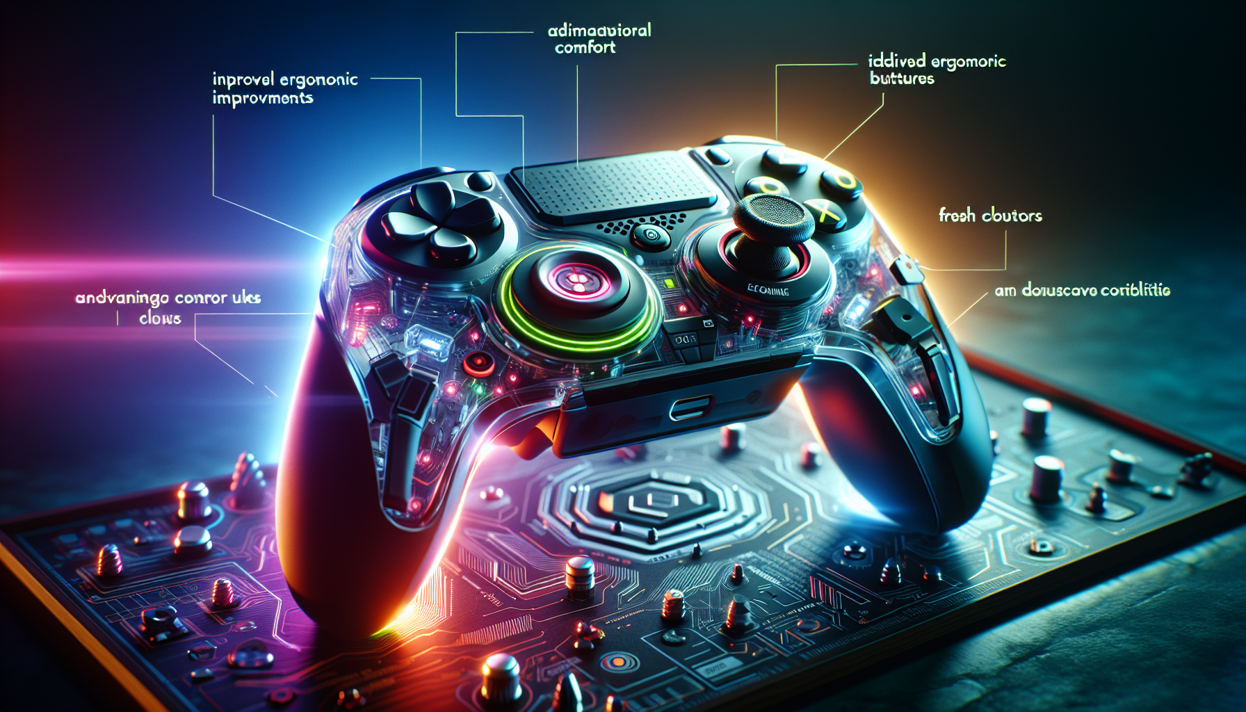 Prompt for DALL-E:

Create an image of the new PlayStation 4 DualShock controller. Emphasize its innovative design, ergonomic improvements, and added functionalities. The controller should be showcased in a dynamic setting with vibrant lighting that highlights its advanced features, such as improved grip textures, additional buttons, and any new color schemes. Include elements that suggest user experiences and feedback, like user ratings or small quotes praising the controller’s comfort and enhanced gameplay experience.