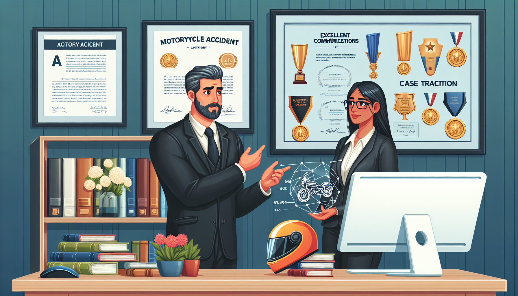 Portray a professional setting with a highly regarded motorcycle accident lawyer discussing case strategies with a client in an office. The lawyer, a middle-aged, confident individual with visible diplomas and awards specific to motorcycle law on the wall, demonstrates excellent communication skills. The client, attentive and engaged, listens as the lawyer points to a diagram illustrating key points of a motorcycle accident. Emphasize elements like legal books, a motorcycle helmet on the desk as a symbol, and a computer open on a page showing positive client testimonials.
