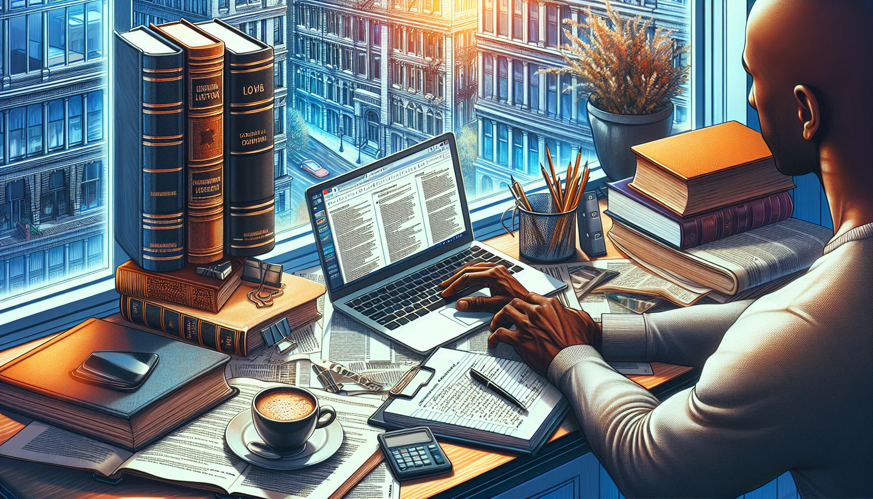 An image depicting a person sitting at a desk, researching on a laptop with books and documents scattered around, while making notes about potential top motorcycle accident lawyers. The scene also includes a visible legal directory on the screen, a checklist of questions on a notepad, and a cup of coffee. Through the window, there is a view of a cityscape, symbolizing local legal nuances.
