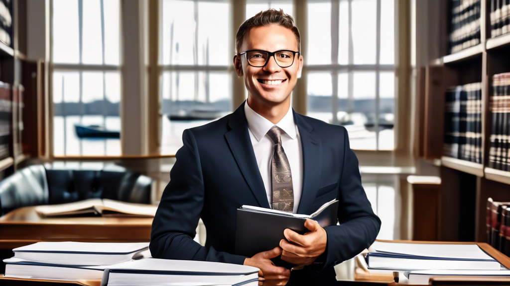 Create an image of a professional-looking lawyer, holding a portfolio with legal documents, standing confidently in front of a bookshelf filled with law books on maritime law. The background shows an office with large windows offering a view of a harbor filled with various boats. To the side, include a table with framed client testimonials, highlighting positive reviews about legal services. The lawyer should be engaging in a conversation, portraying excellent communication skills and accessibility, emphasizing the importance of these qualities for boat injury cases.