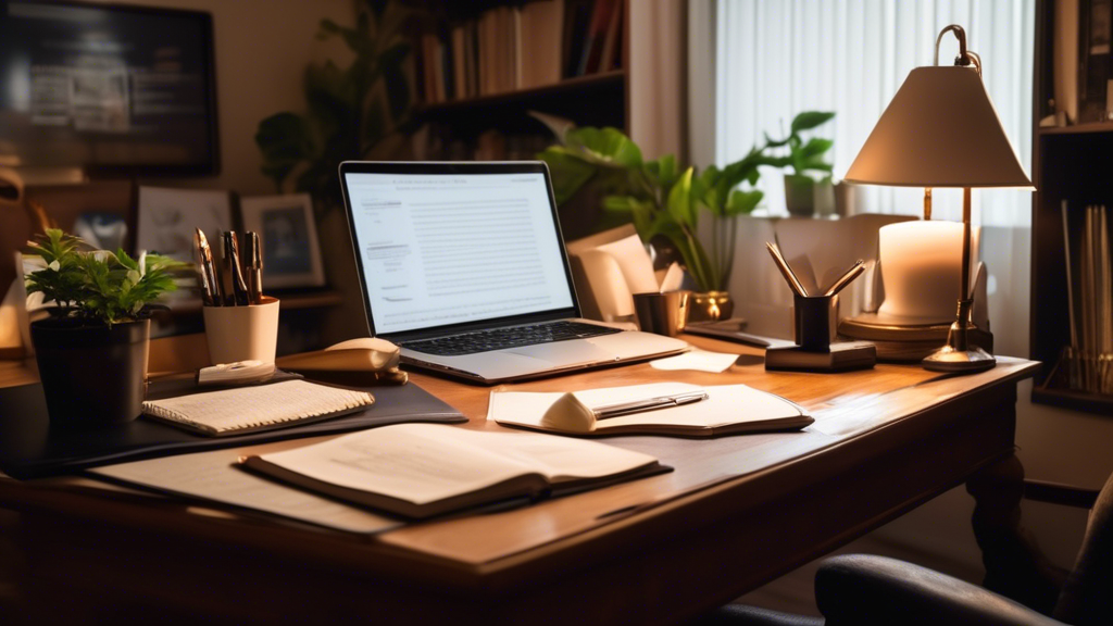 Prompt: A person sitting at a desk in a cozy home office, surrounded by legal books, a laptop, and a notepad with a list of questions. They are researching boat injury lawyers online, with multiple tabs open to lawyer websites, reviews, and legal directories. The room has a peaceful atmosphere with warm lighting, a plant in the corner, and some framed maritime-themed art on the walls.