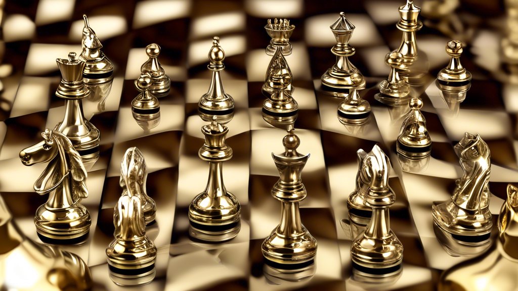 An elegant display of various luxury metal chess sets, featuring detailed close-ups of brass, silver, and gold-plated chess pieces, each set on finely crafted chess boards. Highlight the contrast in texture and shine between the metals to showcase their unique aesthetic appeal and dependability.