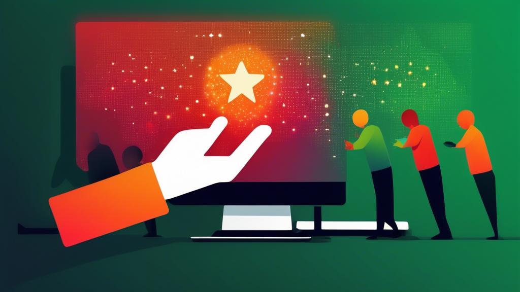 A digital hand, emerging from a computer screen, extends towards a group of five diverse customer review stars, with one highlighted in red. The remaining stars are a gradient from orange to green. The background displays a stylized Google Maps location pin.