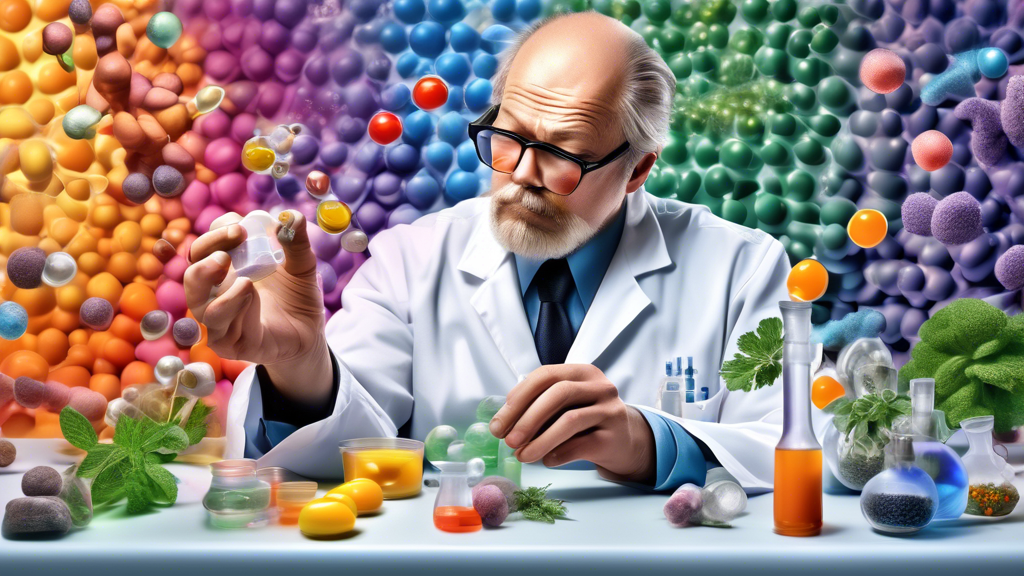 DALL-E, create an image of a scientist in a laboratory analyzing a clear adhesive patch with molecular structures of vitamins and herbs visible in the air around it, symbolizing the ingredients like vitamins, antioxidants, and herbs that are claimed to combat hangover symptoms according to the manufacturers of hangover cure patches.