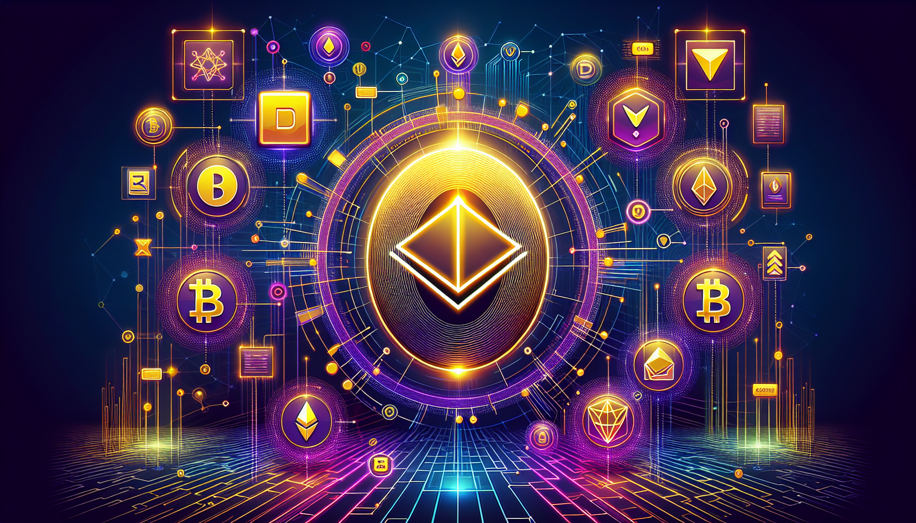 Create an image showing visually distinct representations of the most popular cryptocurrencies in 2023. Feature prominent imagery of Bitcoin (BTC) as the central and leading cryptocurrency, depicted as a shining gold coin. Surround it with vibrant illustrations of Ethereum (ETH) symbolized by its iconic double diamond logo, showcasing smart contracts and decentralized apps. Include visually appealing symbols for Binance Coin (BNB), Solana (SOL), and Cardano (ADA), each highlighting their unique strengths and community support. The backdrop should evoke a futuristic digital landscape with network lines and blockchain elements, reflecting the dynamic and innovative nature of the cryptocurrency market.