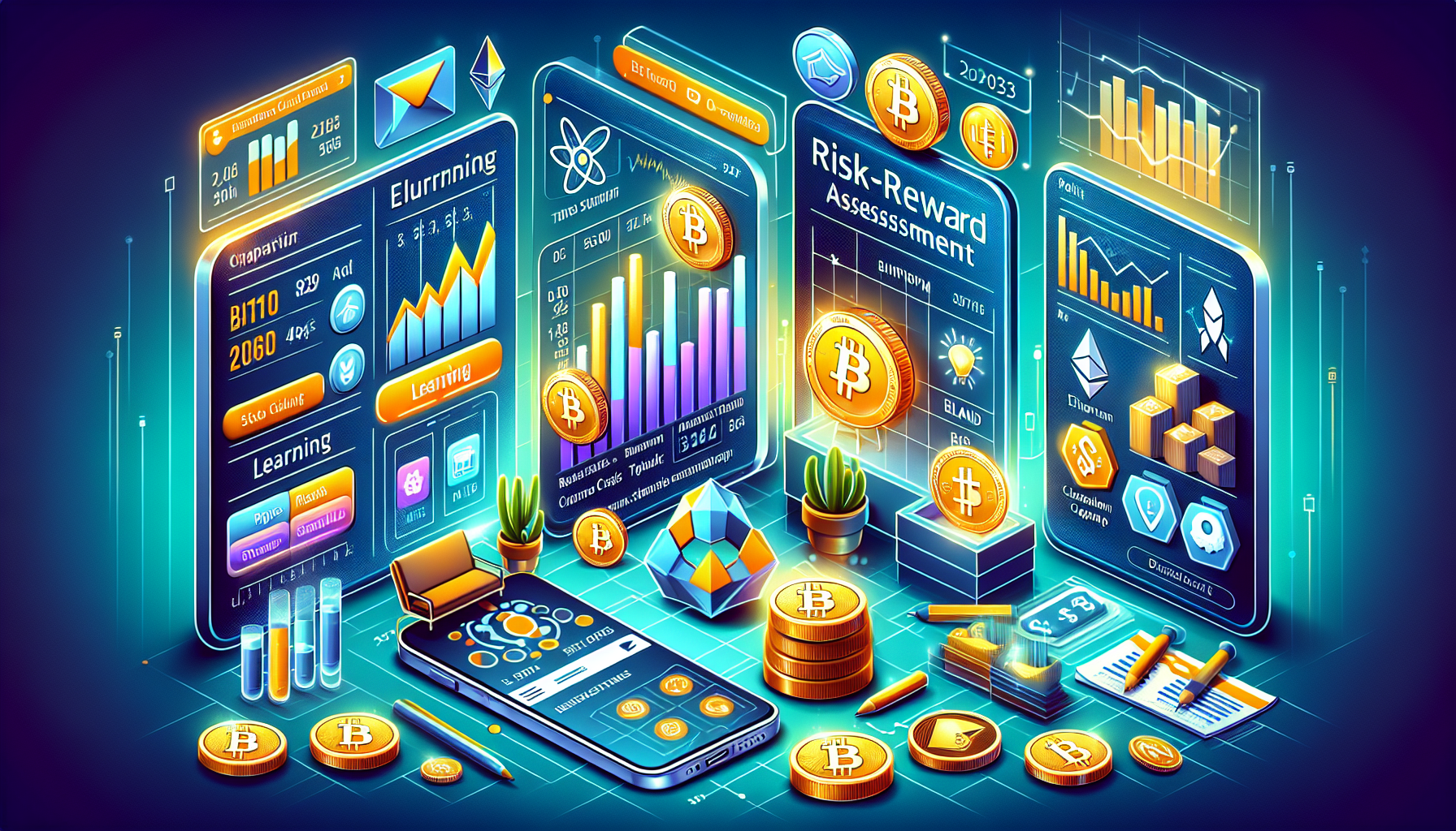 Create a detailed DALL-E prompt for an image that relates to outline point #3 (third point of the outline):

Create an image that illustrates a guide for investing in popular cryptocurrencies in 2023. The scene should depict elements of a financial plan including a risk-reward assessment chart, a diversified cryptocurrency portfolio showing icons of Bitcoin, Ethereum, Binance Coin, Solana, and Cardano, and a variety of digital tools like a smartphone app displaying live market updates, trending news articles, and a learning section filled with educational resources. The background should include graphs, statistics, and financial documents to convey the complexity and importance of strategic planning in cryptocurrency investments.