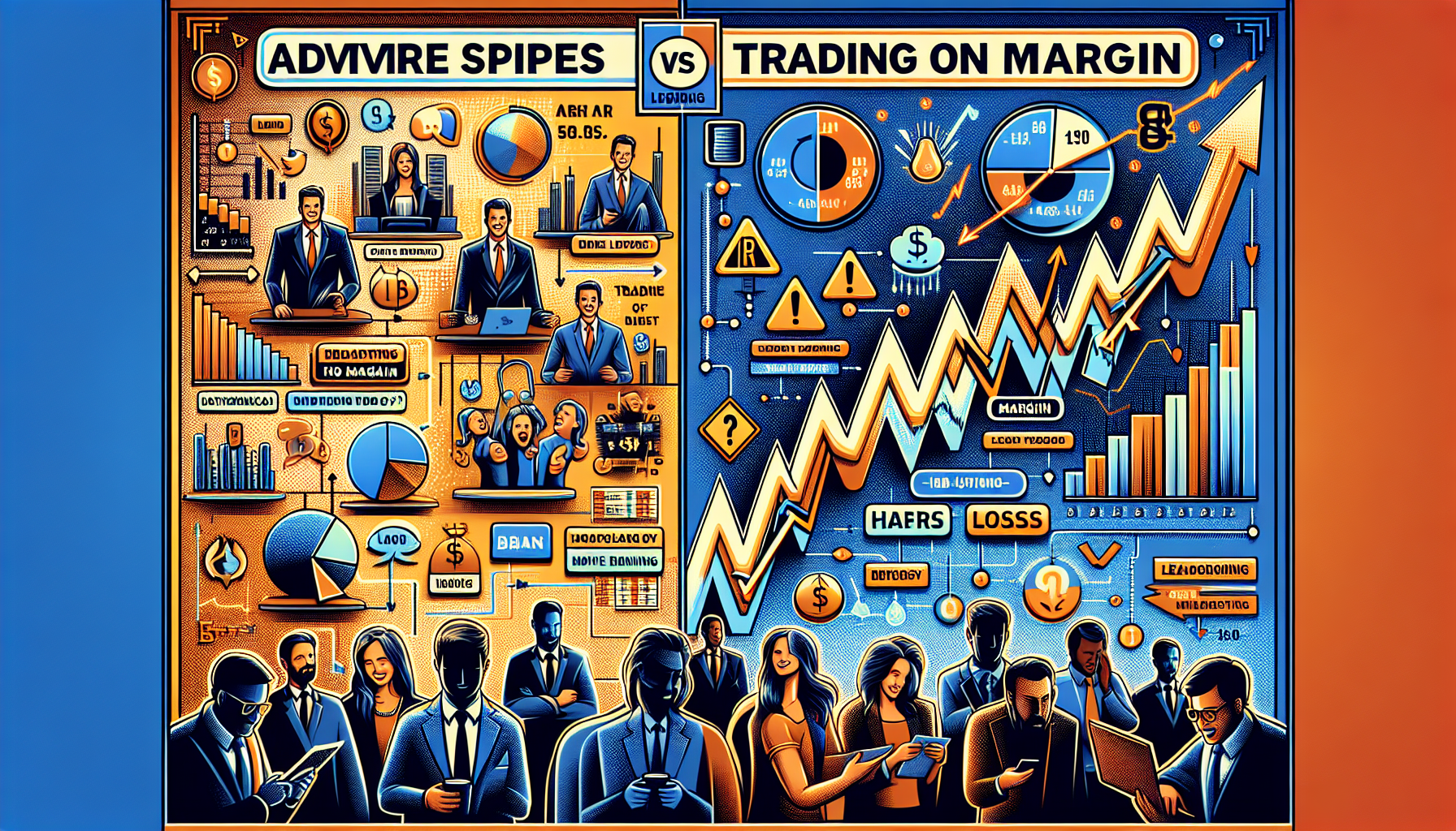 Create an image depicting the benefits and risks of using IBKR margin for trading. The image should be a split-screen composition: the left side illustrates the advantages such as increased leverage and potential for higher returns with icons of upward-trending charts and happy traders; the right side shows the risks, including financial loss with downward-trending charts, warning signs, and concerned traders. The background should be a sophisticated financial trading environment to reflect the seriousness of trading with margin. Keywords: IBKR margin benefits and risks.