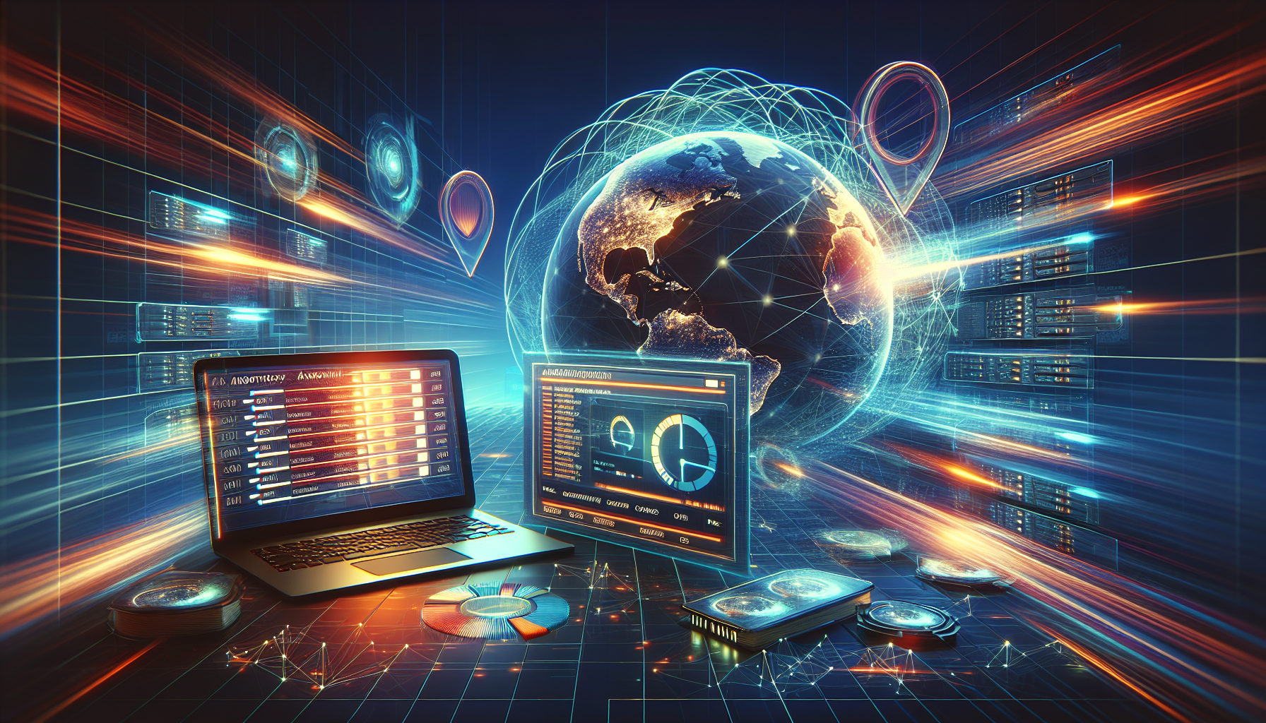 A high-tech illustration showcases a user seamlessly streaming a high-definition video on their laptop with a backdrop of a global network map. Highlight servers are strategically placed around the map, connected through glowing lines representing fast internet speeds. In a corner, a graph compares the speed and performance of different VPNs, with Private Internet Access leading the chart. The focus should be on conveying optimal speed and minimal impact on connection while maintaining the sense of global connectivity and performance. Keywords like Private Internet Access, high speed, and global servers are subtly integrated into the design.