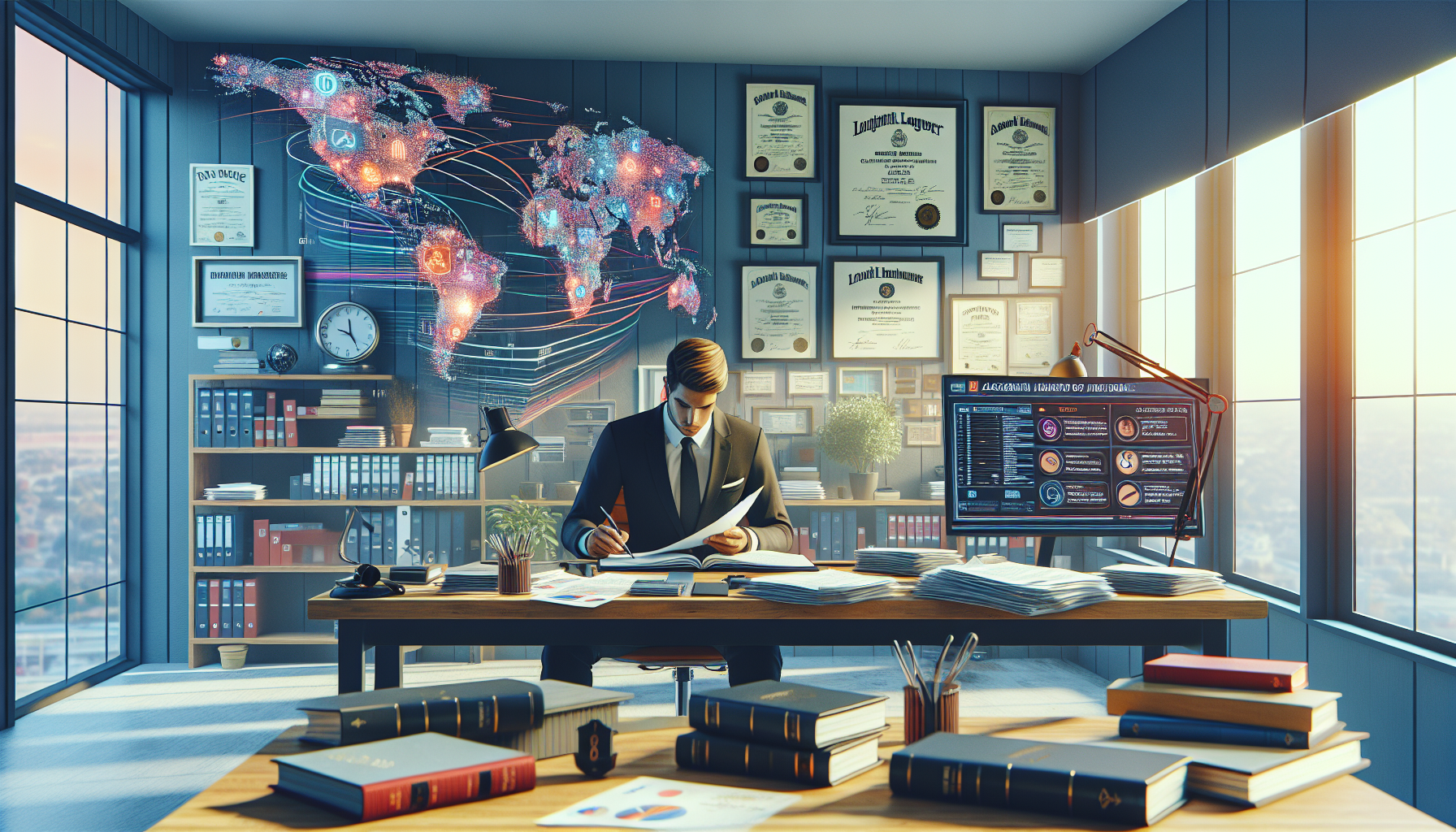 Create an image of a serious consultation room where an individual is carefully examining a series of documents and credentials laid out on a table. Include a visible diploma and legal books, portraying a lawyer’s office. The setting should have soft lighting and include a world map and local legal codes in the background, emphasizing both global knowledge and specific local expertise. Beside the table, a prominently displayed computer screen should show a client testimonial video, and a transparency document outlining fee structures. The overall atmosphere should convey professionalism, expertise, and trustworthiness, suggesting the scene of an accident injury lawyer’s office prepared for a client meeting.