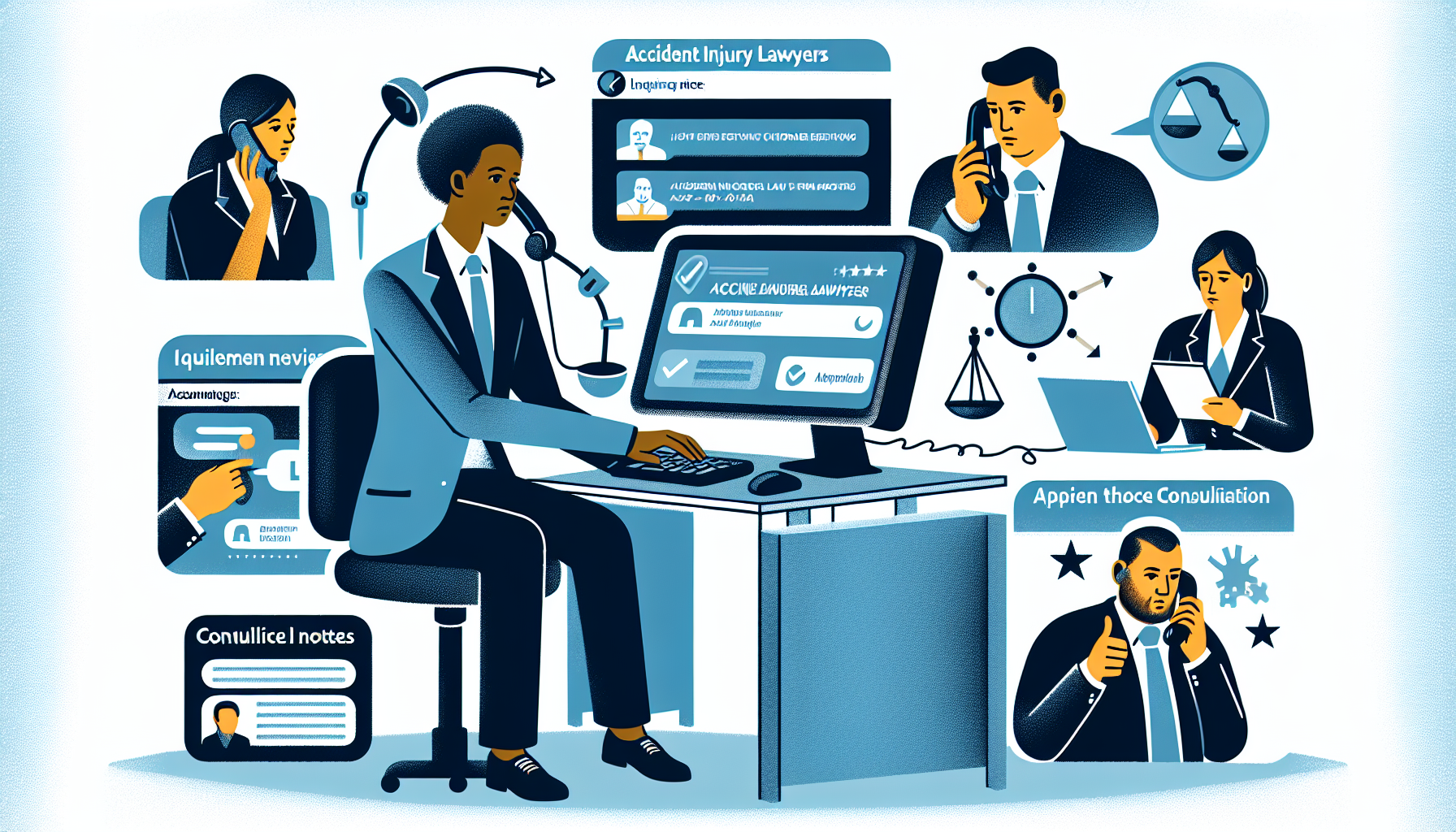 An illustrated guide depicting a person conducting thorough online research for accident injury lawyers, showing split screens of different law firm websites, customer reviews, and legal forums. Include also an image of them making inquiry phone calls, and checking their notes during consultations with various lawyers, with a focus on detail and keen observation for thorough decision-making.